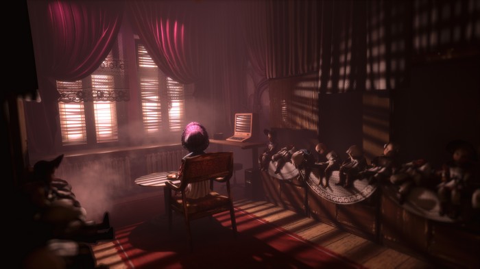 Observer in a dimly lit room with dolls