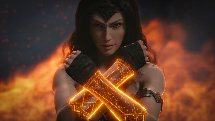 Wonder Woman with glowing bracelets in front of fire