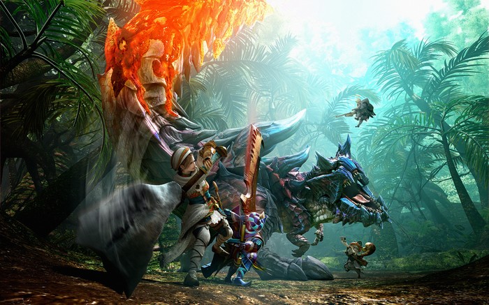 Monster Hunter Generations artwork of hunters fighting a monster