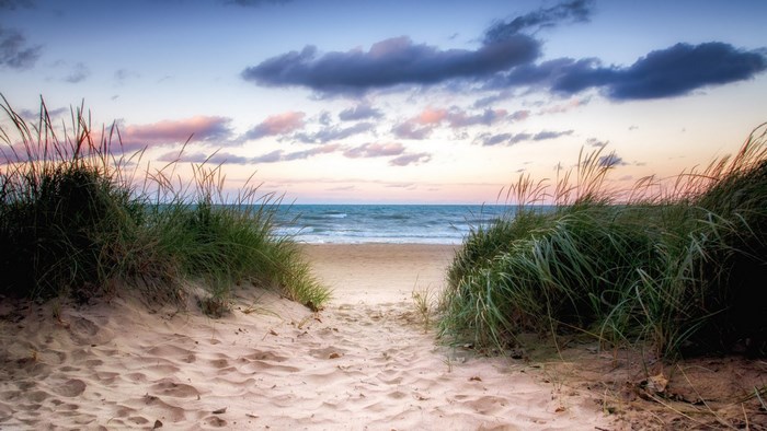 Path through sand dunes to the beach at sunset