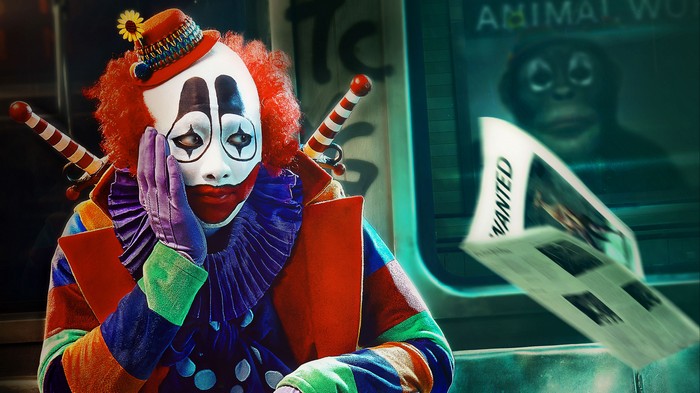 Clown with a "Wanted" poster