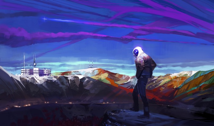 Astronaut looking at a futuristic facility on a mountain