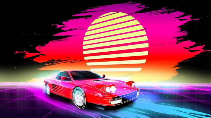 Red sports car on a retro grid road with a sunset