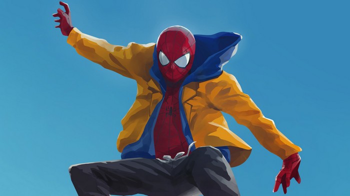 Spider-Man in a yellow jacket and blue hoodie