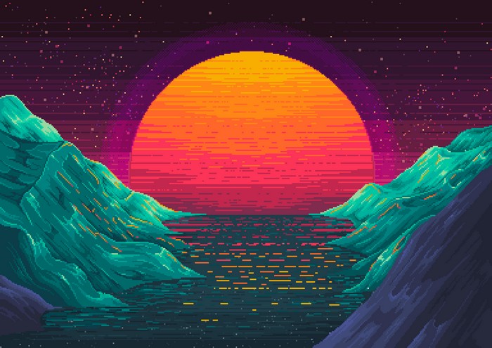 Pixel art landscape with mountains and sun