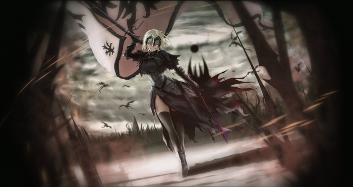Jeanne d'Arc Alter from Fate/Grand Order holding a flag and sword
