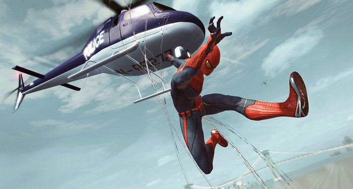 Spider-Man swings near a police helicopter