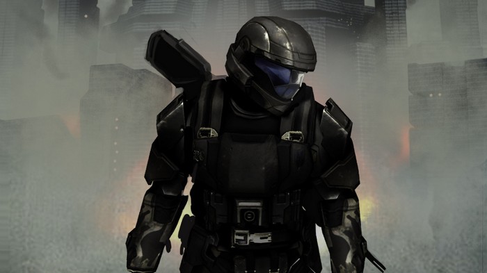 Halo 3 Spartan in a smoky city