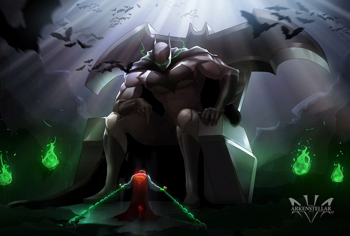 Batman on Throne confronts Superman with chains
