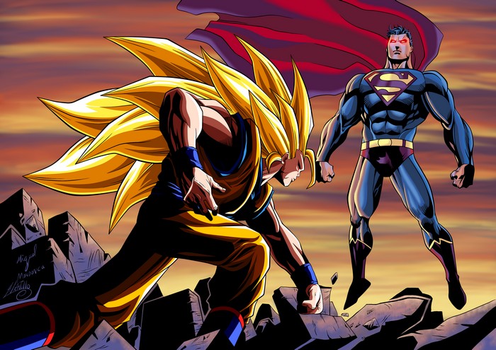 Goku and Superman face off in a digital artwork
