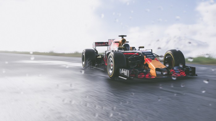 Red Bull Formula 1 car on a wet track
