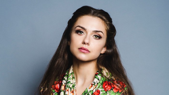 Victoria Konefal with floral pattern shirt
