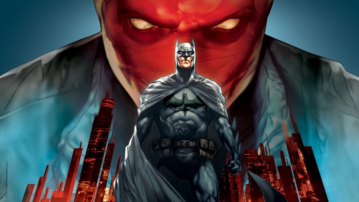 Batman and Red Hood in front of city skyline