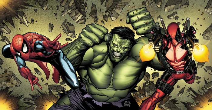 Hulk, Spider-Man, and Deadpool in action