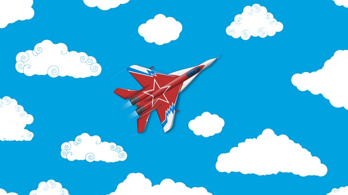 Red and white fighter jet flying in a blue sky with clouds