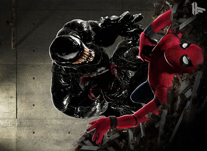 Spider-Man and Venom fight on a concrete wall
