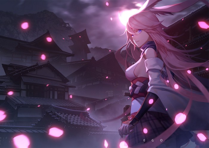 Anime girl with pink hair in a Japanese village