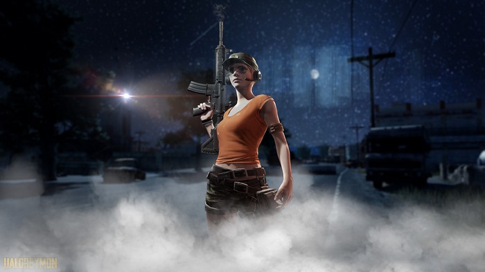 PlayerUnknown's Battlegrounds character with rifle at night