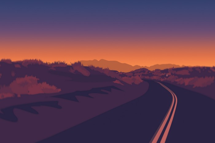 Digital art of a desert road at sunset