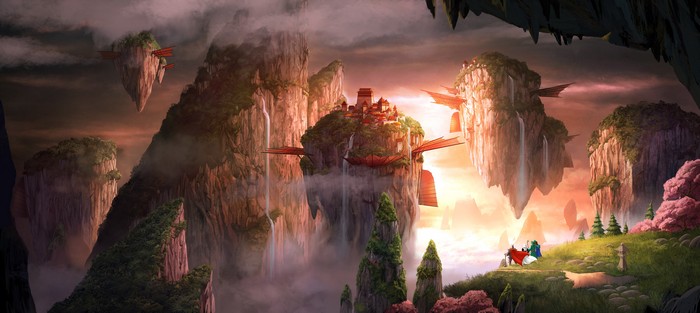 Fantasy floating islands with ancient city and waterfalls