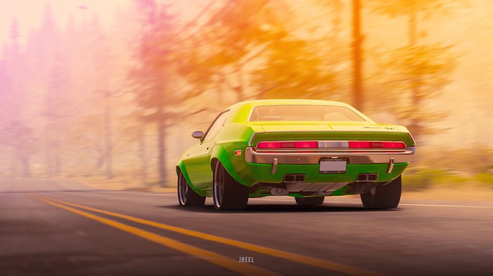 Green Dodge Challenger on Autumn Road
