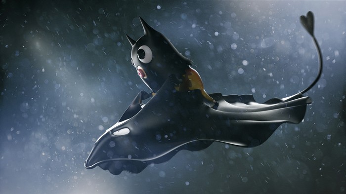 Batman-like creature flying in the rain