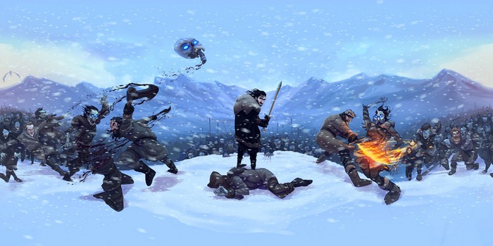 Jon Snow fighting White Walkers in a snowy landscape