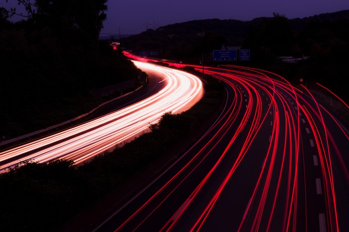 Long exposure highway at night with light trails