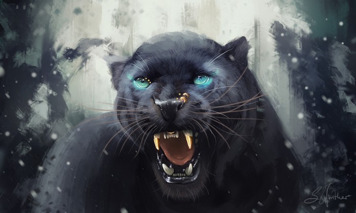 Roaring Black Panther with Glowing Blue Eyes