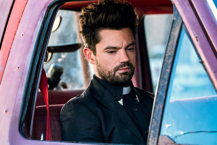 Dominic Cooper as a preacher in a truck