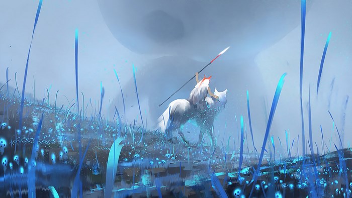Princess Mononoke on a white wolf in a blue field