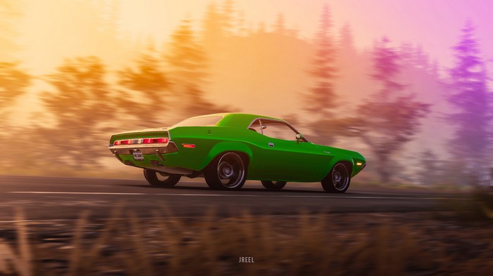 Green Dodge Challenger driving on a road