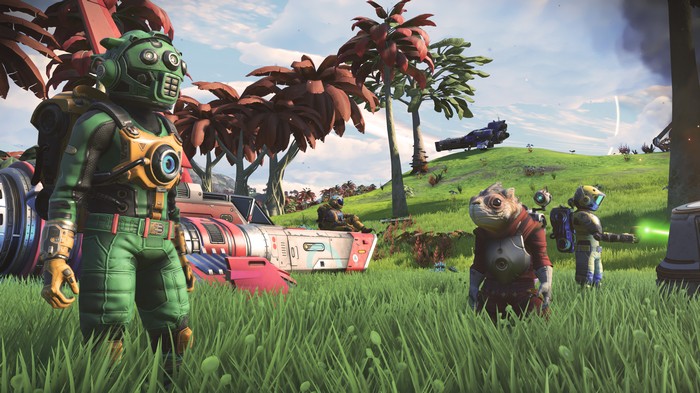 No Man's Sky characters on a grassy alien planet