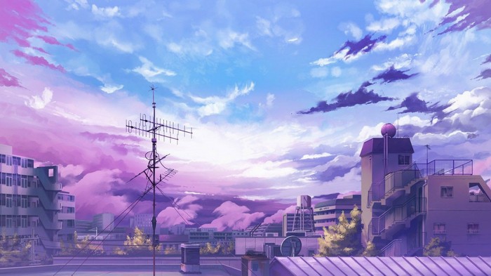 Anime cityscape with purple and blue clouds