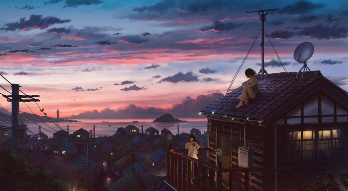 Anime Girl Sitting on Roof at Sunset in 4K