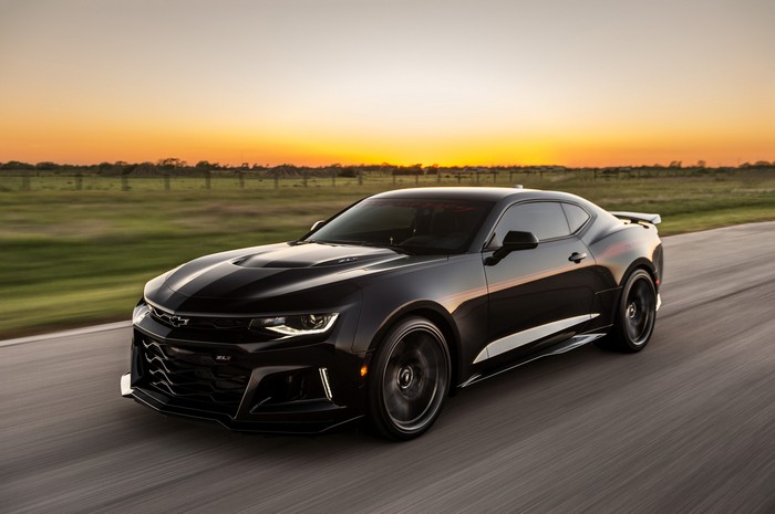Black Chevrolet Camaro Driving at Sunset
