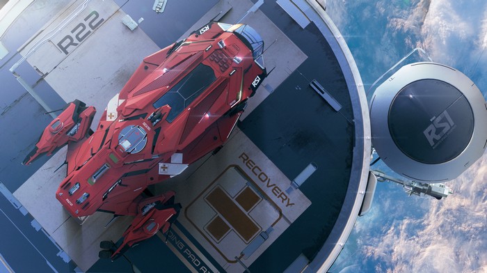 Star Citizen RSI spaceship on recovery pad