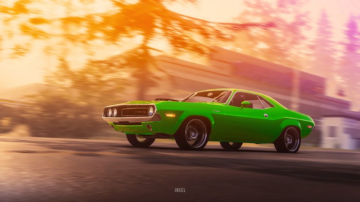 Green Dodge Challenger driving at sunset