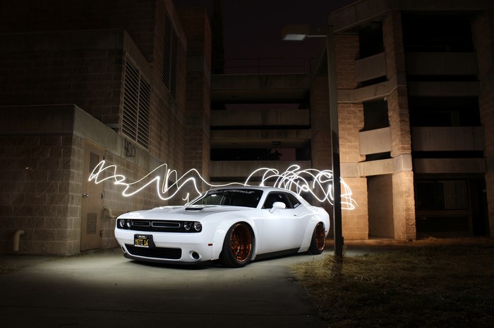 White Dodge Challenger with light painting