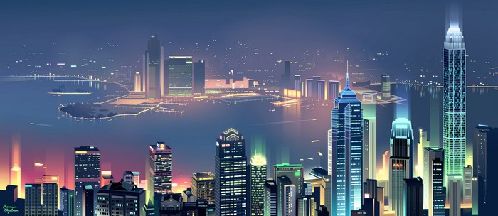 Minimalist digital art of a city skyline at night
