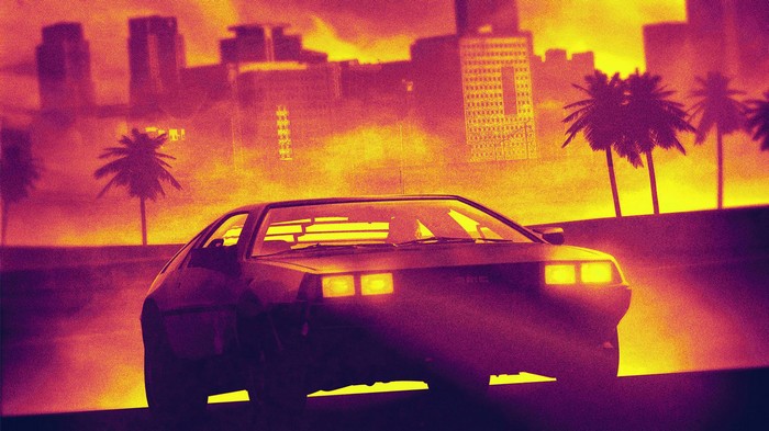 Retro DeLorean car in a city at sunset 4K