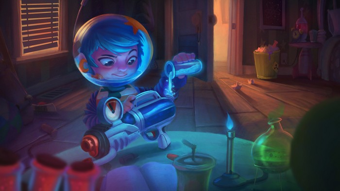 Girl in astronaut helmet with science equipment