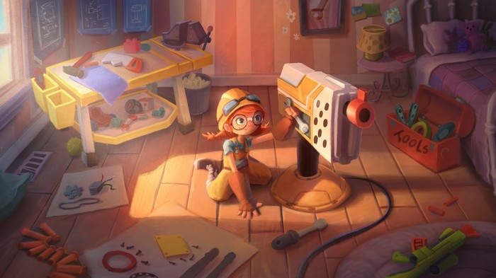 Girl working on a toy gun in a workshop