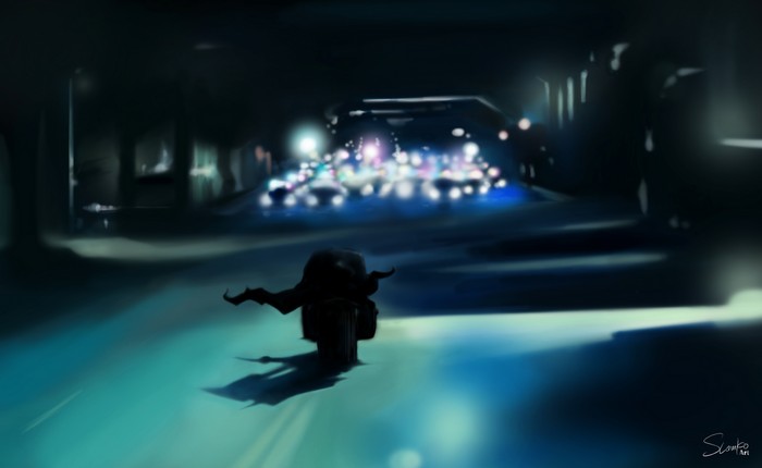 Batman riding a motorcycle at night