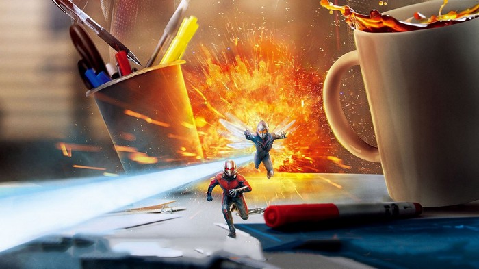 Ant-Man and The Wasp in a desk explosion