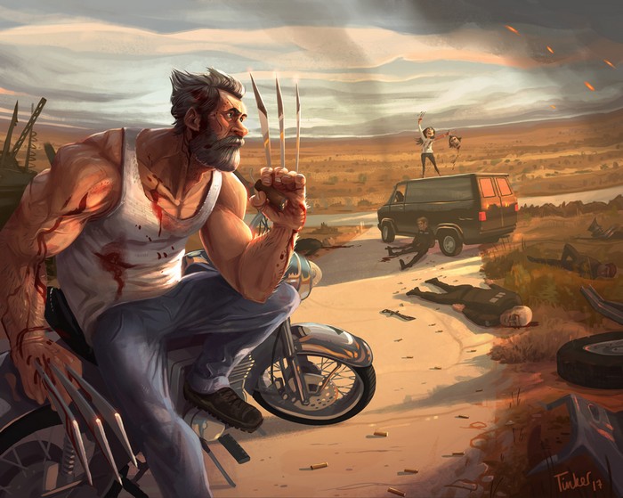 Muscular Hero Logan with Claws in Post-Apocalyptic Desert
