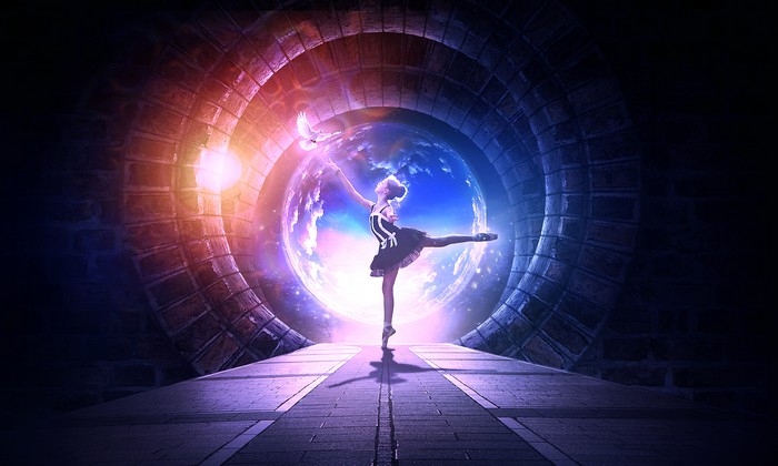 Ballerina dancing in a portal with a dove