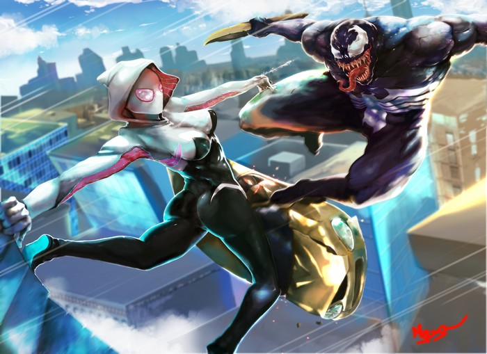 Gwen Stacy and Venom fight in a city