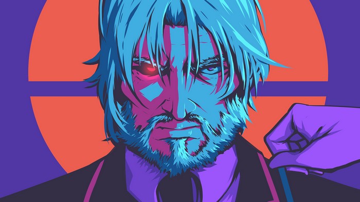 Anime man with red eye and beard