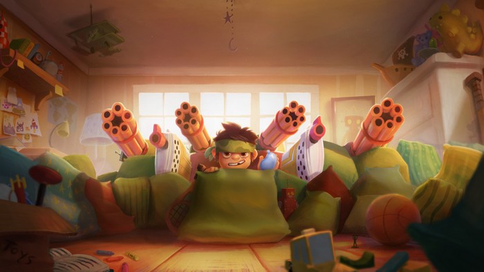 Boy with toy guns in a messy room
